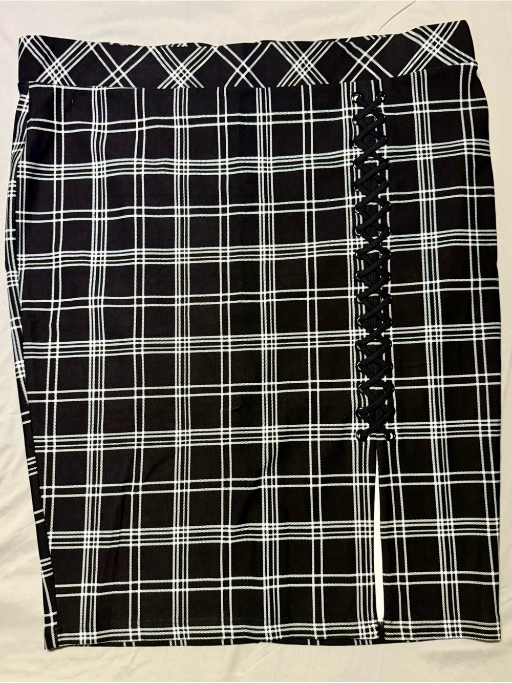 Torrid Black and White Plaid Pencil Skirt with Side Lace-Up Detail